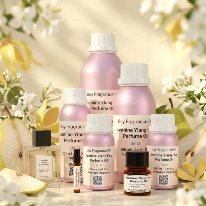 jasmine ylang pear perfume oil background with fresh pear, soft white flowers and golden sunlight glow in a clean elegant atmosphere