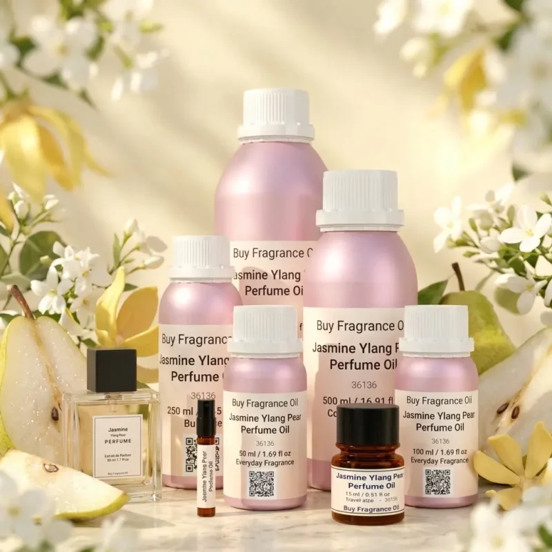 jasmine ylang pear perfume oil background with fresh pear, soft white flowers and golden sunlight glow in a clean elegant atmosphere