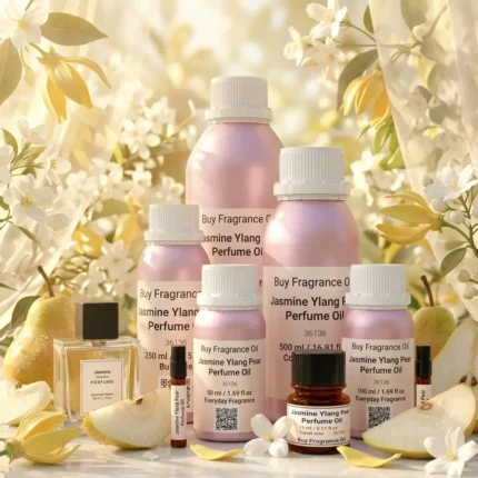 jasmine ylang pear perfume oil background with fresh pear, soft white flowers and golden sunlight glow in a clean elegant atmosphere