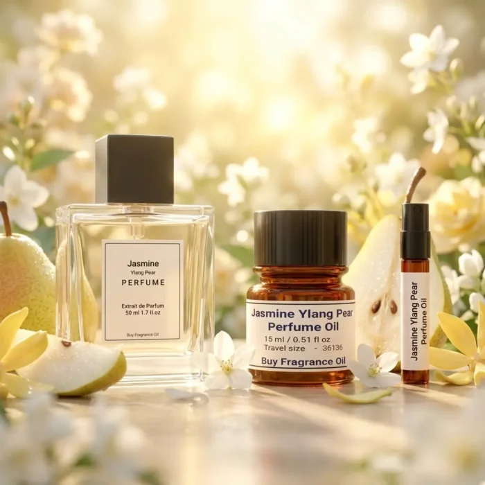 jasmine ylang pear perfume oil background with fresh pear, soft white flowers and golden sunlight glow in a clean elegant atmosphere
