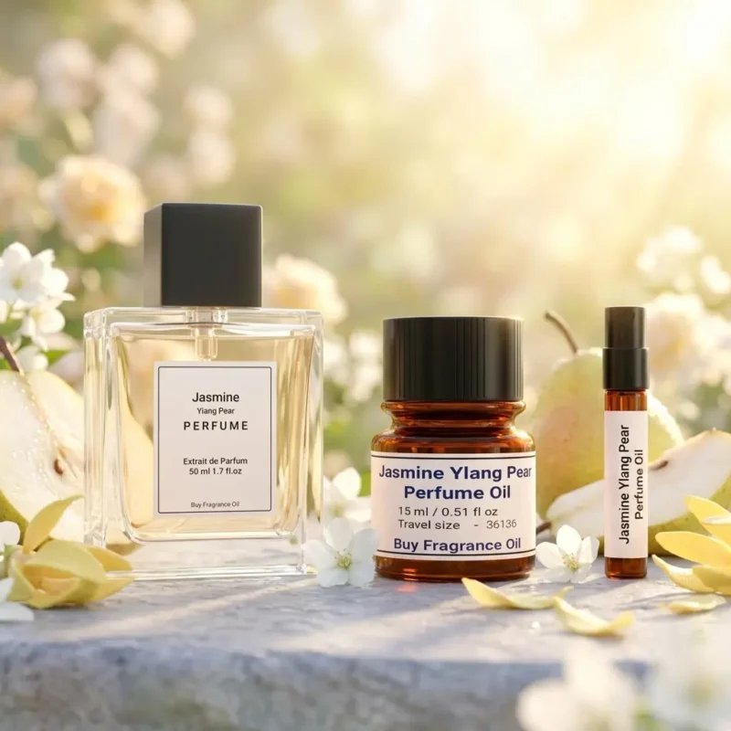 jasmine ylang pear perfume oil background with fresh pear, soft white flowers and golden sunlight glow in a clean elegant atmosphere