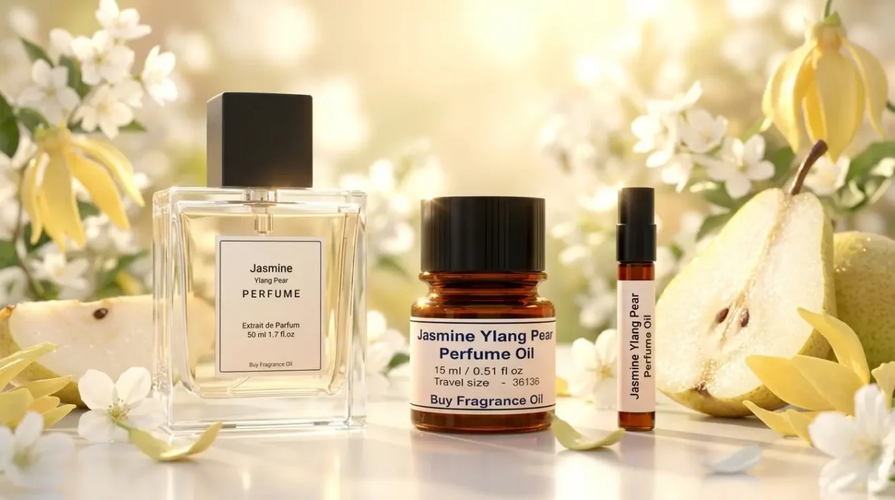 jasmine ylang pear perfume oil background with fresh pear, soft white flowers and golden sunlight glow in a clean elegant atmosphere