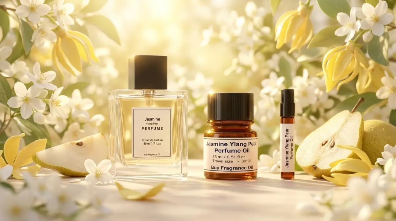 jasmine ylang pear perfume oil background with fresh pear, soft white flowers and golden sunlight glow in a clean elegant atmosphere