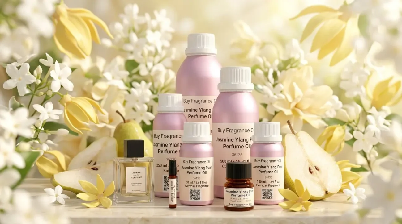 jasmine ylang pear perfume oil background with fresh pear, soft white flowers and golden sunlight glow in a clean elegant atmosphere