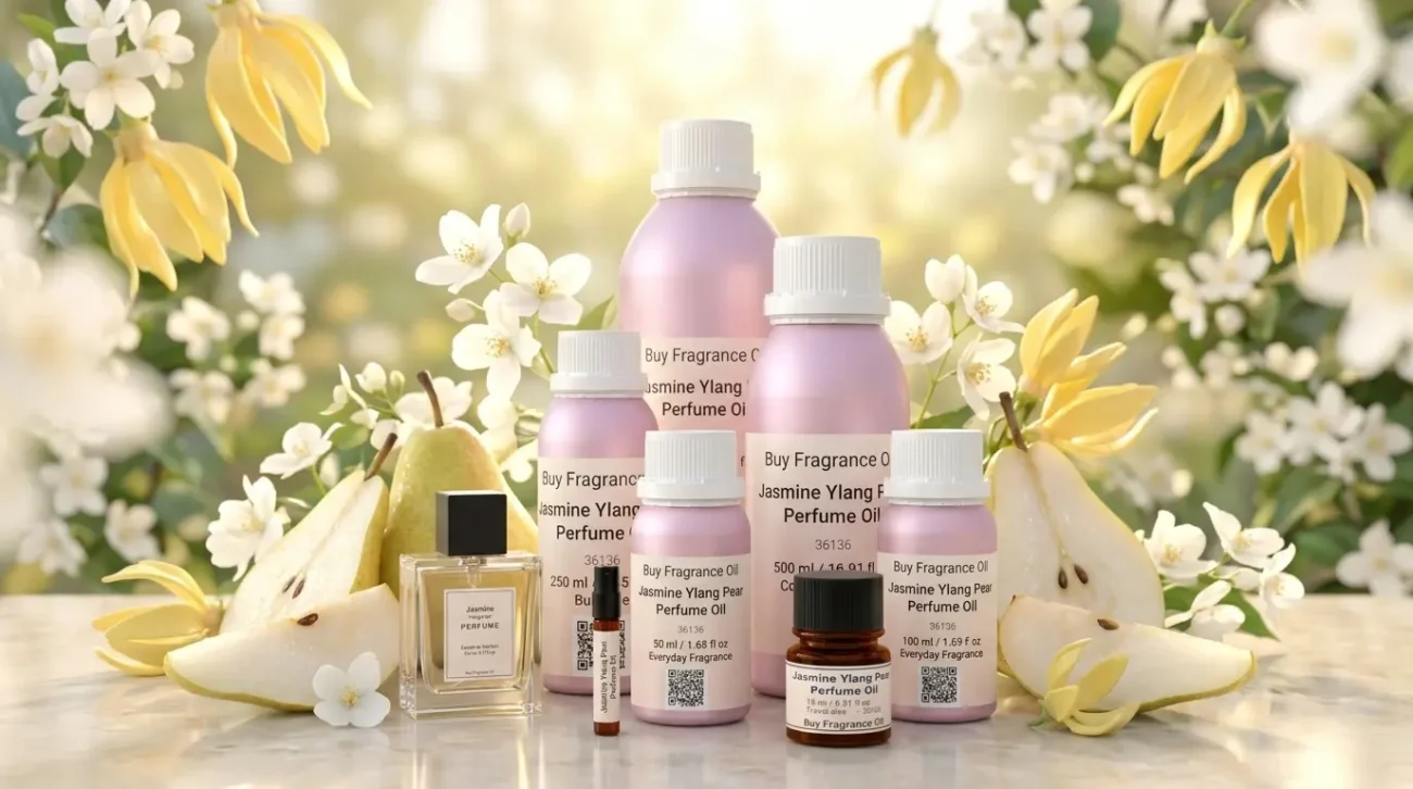 jasmine ylang pear perfume oil background with fresh pear, soft white flowers and golden sunlight glow in a clean elegant atmosphere