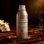 Leather Amber Jasmine perfume oil bottle with suede leather texture, warm amber glow and elegant jasmine atmosphere.