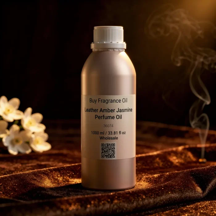 Leather Amber Jasmine perfume oil bottle with suede leather texture, warm amber glow and elegant jasmine atmosphere.