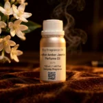 Leather Amber Jasmine perfume oil bottle with suede leather texture, warm amber glow and elegant jasmine atmosphere.