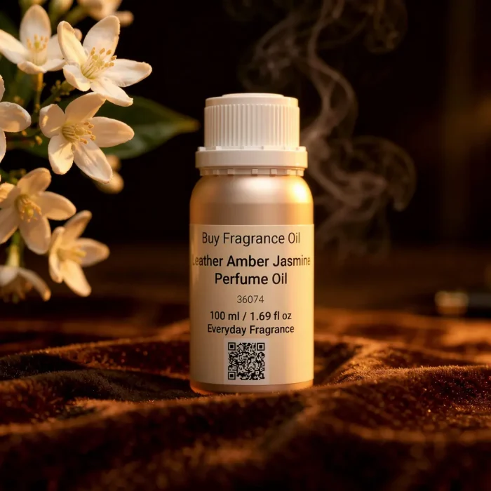 Leather Amber Jasmine perfume oil bottle with suede leather texture, warm amber glow and elegant jasmine atmosphere.