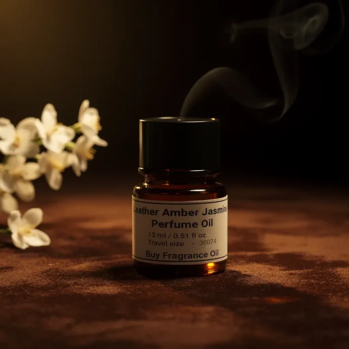 Leather Amber Jasmine perfume oil bottle with suede leather texture, warm amber glow and elegant jasmine atmosphere.