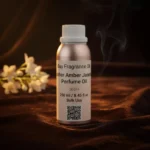 Leather Amber Jasmine perfume oil bottle with suede leather texture, warm amber glow and elegant jasmine atmosphere.