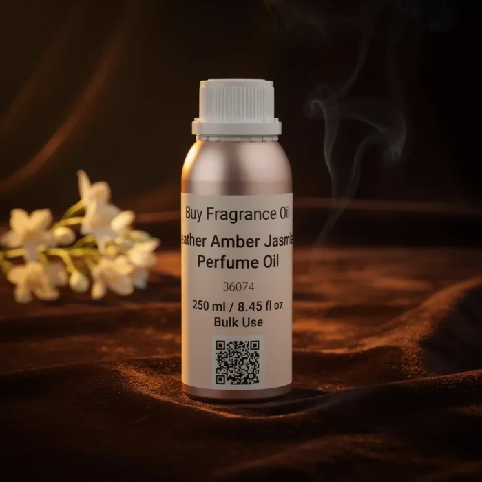 Leather Amber Jasmine perfume oil bottle with suede leather texture, warm amber glow and elegant jasmine atmosphere.