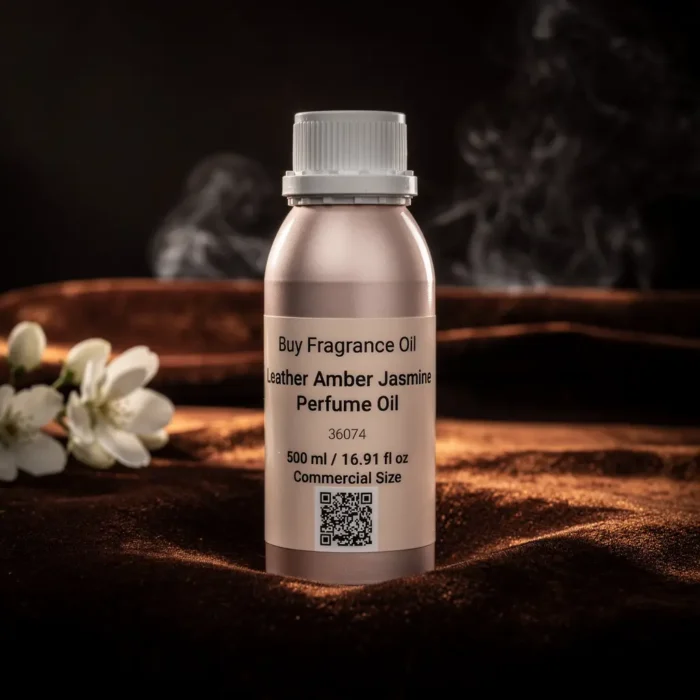 Leather Amber Jasmine perfume oil bottle with suede leather texture, warm amber glow and elegant jasmine atmosphere.