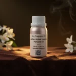 Leather Amber Jasmine perfume oil bottle with suede leather texture, warm amber glow and elegant jasmine atmosphere.