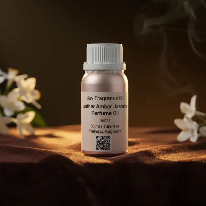Leather Amber Jasmine perfume oil bottle with suede leather texture, warm amber glow and elegant jasmine atmosphere.