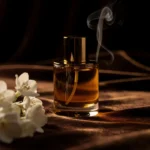 Leather Amber Jasmine perfume oil bottle with suede leather texture, warm amber glow and elegant jasmine atmosphere.