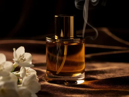 Leather Amber Jasmine perfume oil bottle with suede leather texture, warm amber glow and elegant jasmine atmosphere.