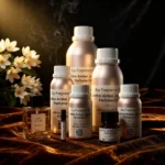 Leather Amber Jasmine perfume oil bottle with suede leather texture, warm amber glow and elegant jasmine atmosphere.