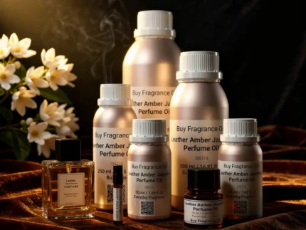 Leather Amber Jasmine perfume oil bottle with suede leather texture, warm amber glow and elegant jasmine atmosphere.