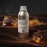 Leather saffron amber perfume oil with golden spice tones, smooth suede leather texture and warm resinous amber glow.