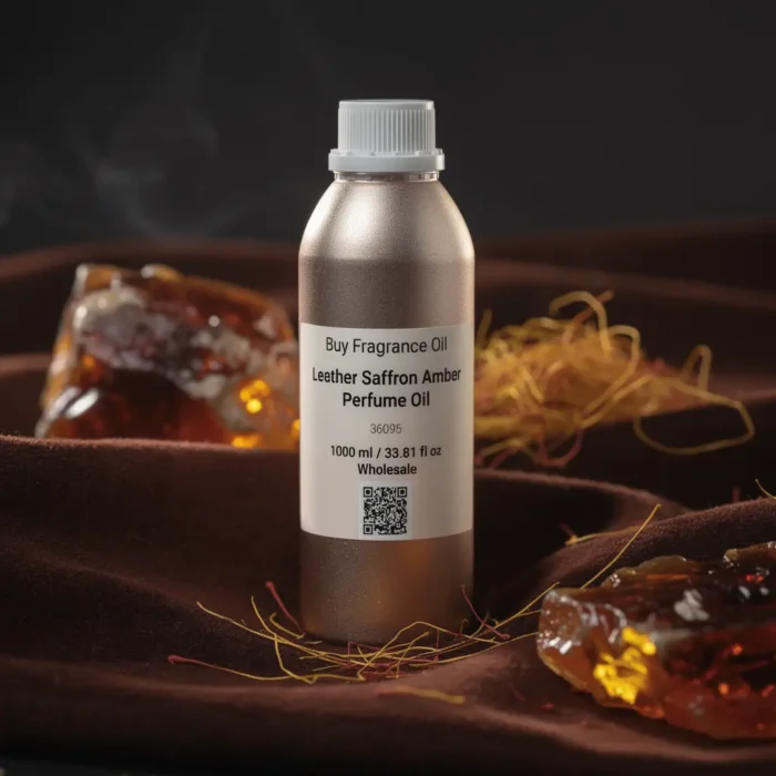 Leather saffron amber perfume oil with golden spice tones, smooth suede leather texture and warm resinous amber glow.