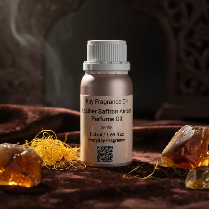 Leather saffron amber perfume oil with golden spice tones, smooth suede leather texture and warm resinous amber glow.
