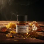 Leather saffron amber perfume oil with golden spice tones, smooth suede leather texture and warm resinous amber glow.