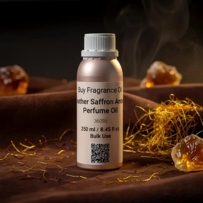 Leather saffron amber perfume oil with golden spice tones, smooth suede leather texture and warm resinous amber glow.