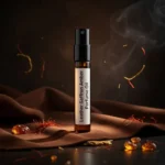 Leather saffron amber perfume oil with golden spice tones, smooth suede leather texture and warm resinous amber glow.