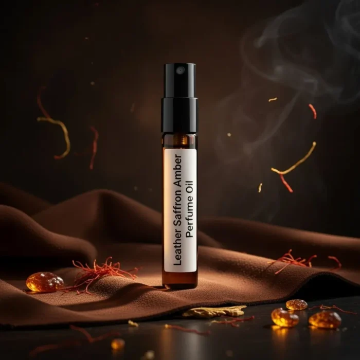 Leather saffron amber perfume oil with golden spice tones, smooth suede leather texture and warm resinous amber glow.