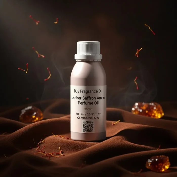 Leather saffron amber perfume oil with golden spice tones, smooth suede leather texture and warm resinous amber glow.