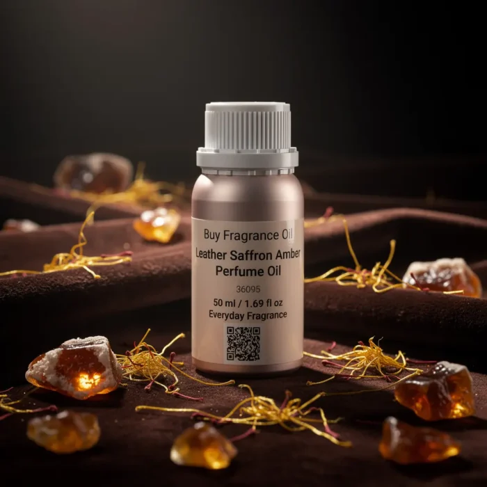 Leather saffron amber perfume oil with golden spice tones, smooth suede leather texture and warm resinous amber glow.
