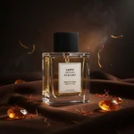 Leather saffron amber perfume oil with golden spice tones, smooth suede leather texture and warm resinous amber glow.