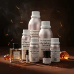 Leather saffron amber perfume oil with golden spice tones, smooth suede leather texture and warm resinous amber glow.