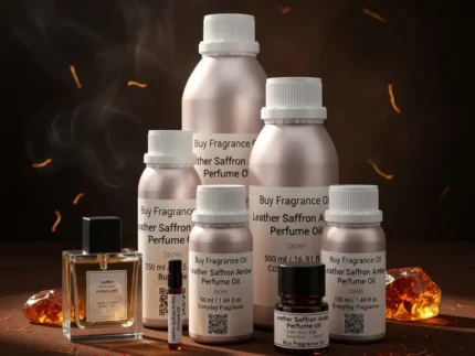 Leather saffron amber perfume oil with golden spice tones, smooth suede leather texture and warm resinous amber glow.