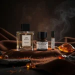 Leather saffron amber perfume oil with golden spice tones, smooth suede leather texture and warm resinous amber glow.