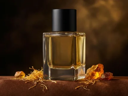 Leather saffron amber perfume oil with golden spice tones, smooth suede leather texture and warm resinous amber glow.