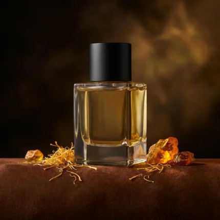 Leather saffron amber perfume oil with golden spice tones, smooth suede leather texture and warm resinous amber glow.