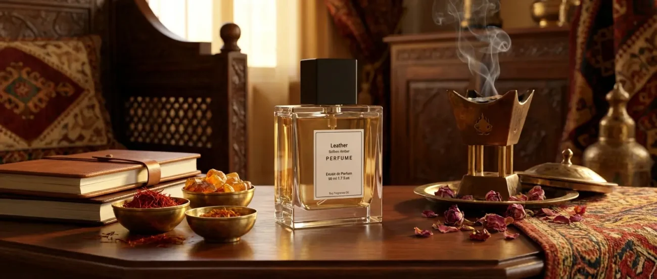 Leather saffron amber perfume oil with golden spice tones, smooth suede leather texture and warm resinous amber glow.