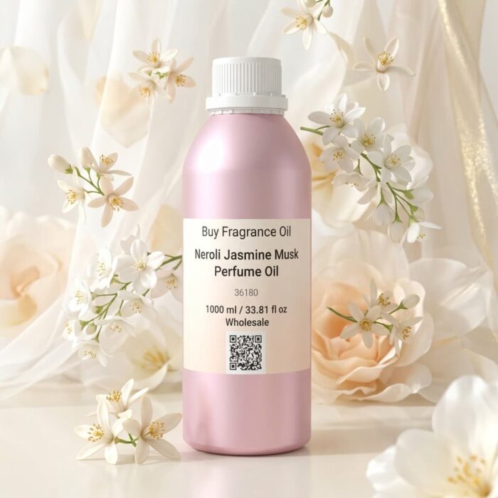 neroli jasmine musk perfume oil background with soft white flowers and clean airy light in a minimal elegant atmosphere