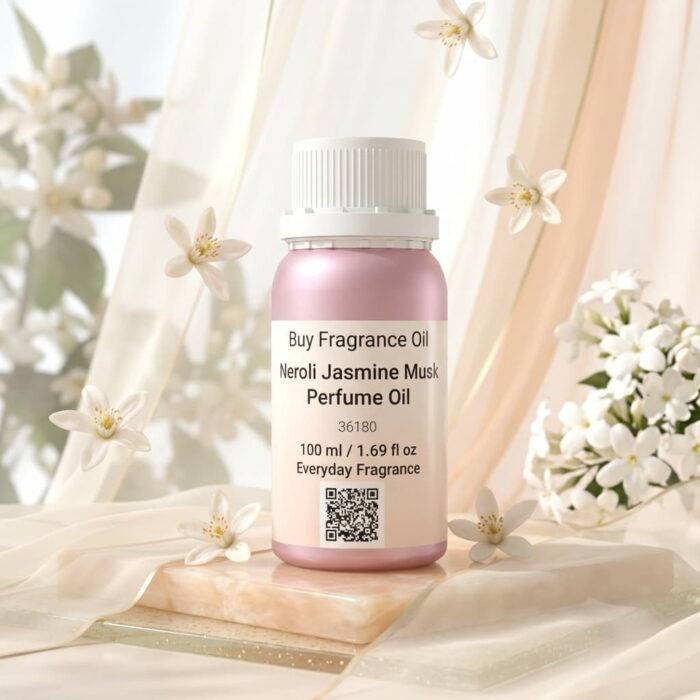 neroli jasmine musk perfume oil background with soft white flowers and clean airy light in a minimal elegant atmosphere