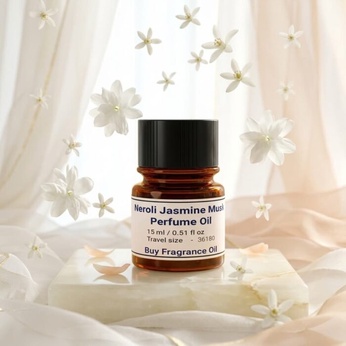 neroli jasmine musk perfume oil background with soft white flowers and clean airy light in a minimal elegant atmosphere