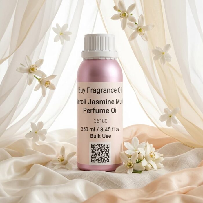 neroli jasmine musk perfume oil background with soft white flowers and clean airy light in a minimal elegant atmosphere