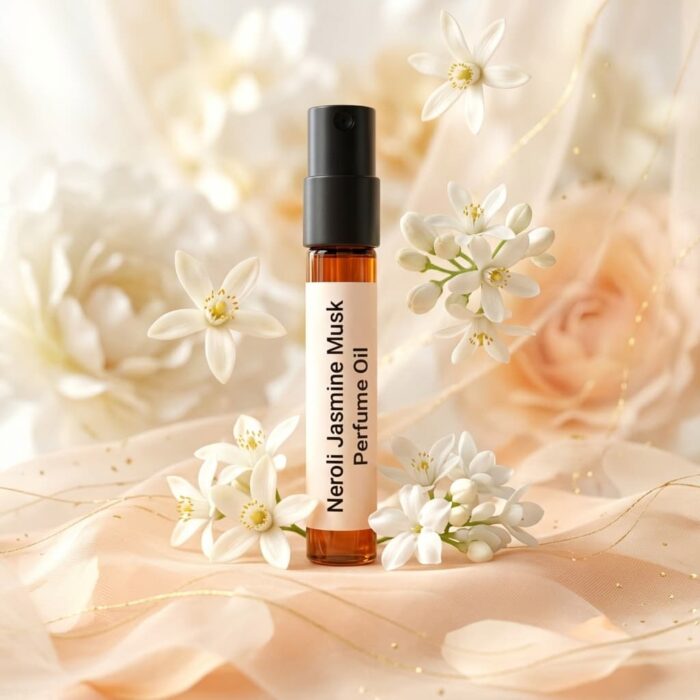 neroli jasmine musk perfume oil background with soft white flowers and clean airy light in a minimal elegant atmosphere