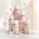 neroli jasmine musk perfume oil background with soft white flowers and clean airy light in a minimal elegant atmosphere