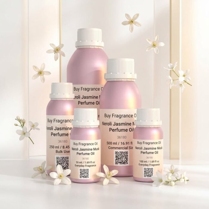 neroli jasmine musk perfume oil background with soft white flowers and clean airy light in a minimal elegant atmosphere