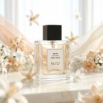 neroli jasmine musk perfume oil background with soft white flowers and clean airy light in a minimal elegant atmosphere