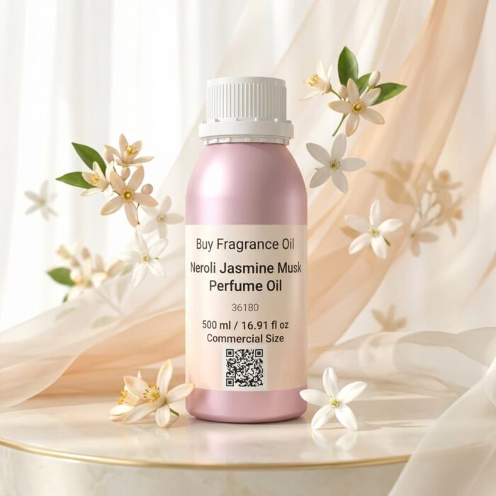 neroli jasmine musk perfume oil background with soft white flowers and clean airy light in a minimal elegant atmosphere