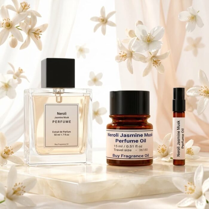 neroli jasmine musk perfume oil background with soft white flowers and clean airy light in a minimal elegant atmosphere