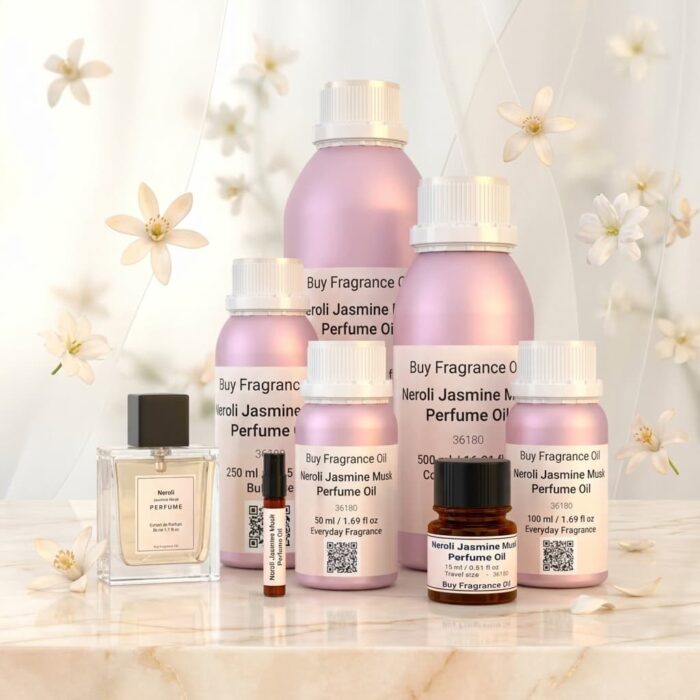 neroli jasmine musk perfume oil background with soft white flowers and clean airy light in a minimal elegant atmosphere